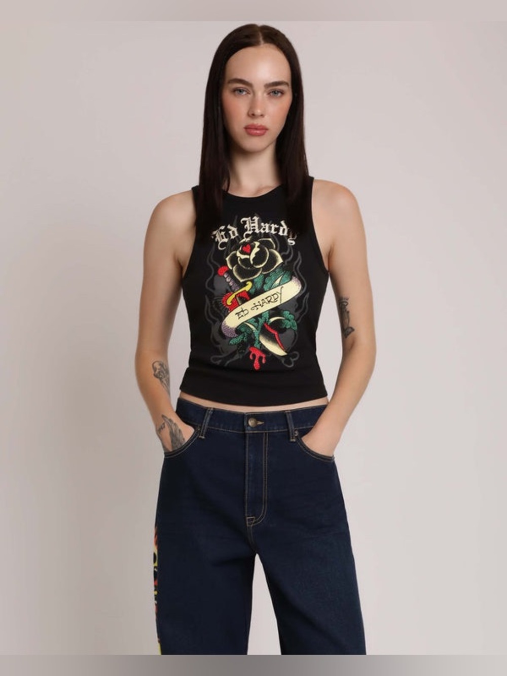 Ed Hardy Black Rose Ribbed Tank Top
